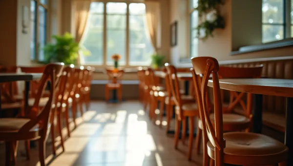 Wooden Cafe Chairs And Tables In Sunlit Interior