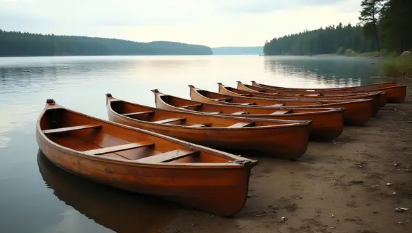 Wooden Canoes Lined on Lakeshore at Midday