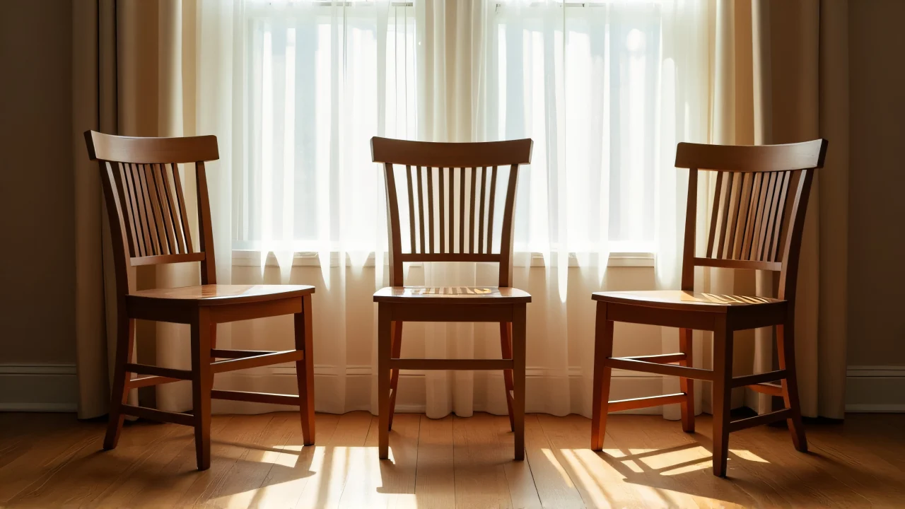 Three wooden chairs positioned near a tall window with sheer curtains, illuminated by morning light.