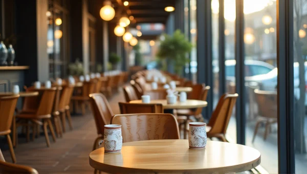 Wooden Chairs And Tables By Glass Wall