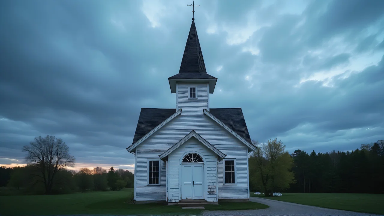 A white and brown wooden church at dusk with a gravel path.