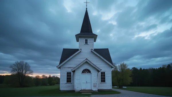 Wooden Church at Dusk with Steeple and Path