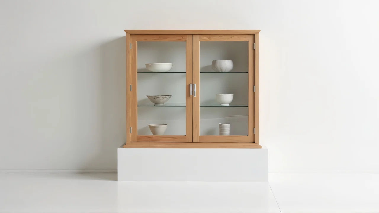 Brown wooden display cabinet with ceramics inside, softly lit.