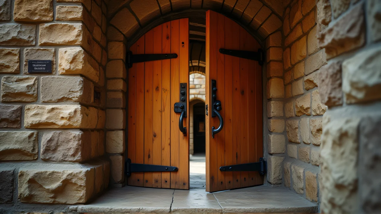 A wooden door with iron hinges slightly ajar, revealing warm light from a narrow corridor.