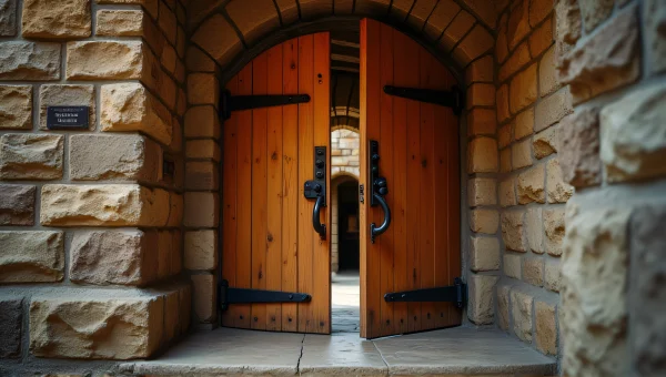 Wooden Door With Iron Hinges In Stone Wall