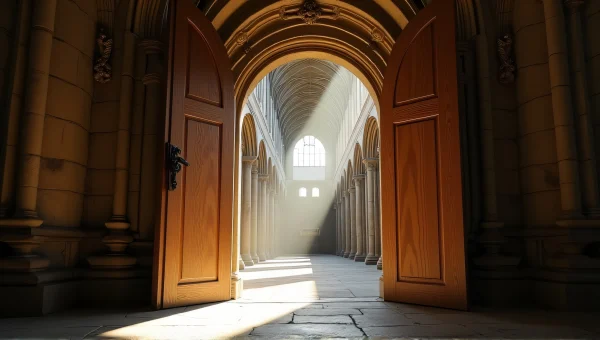 Wooden Doorway Leading To Towering Cathedral Interior