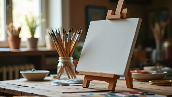 Wooden Easel With Palette and Paintbrushes in Studio