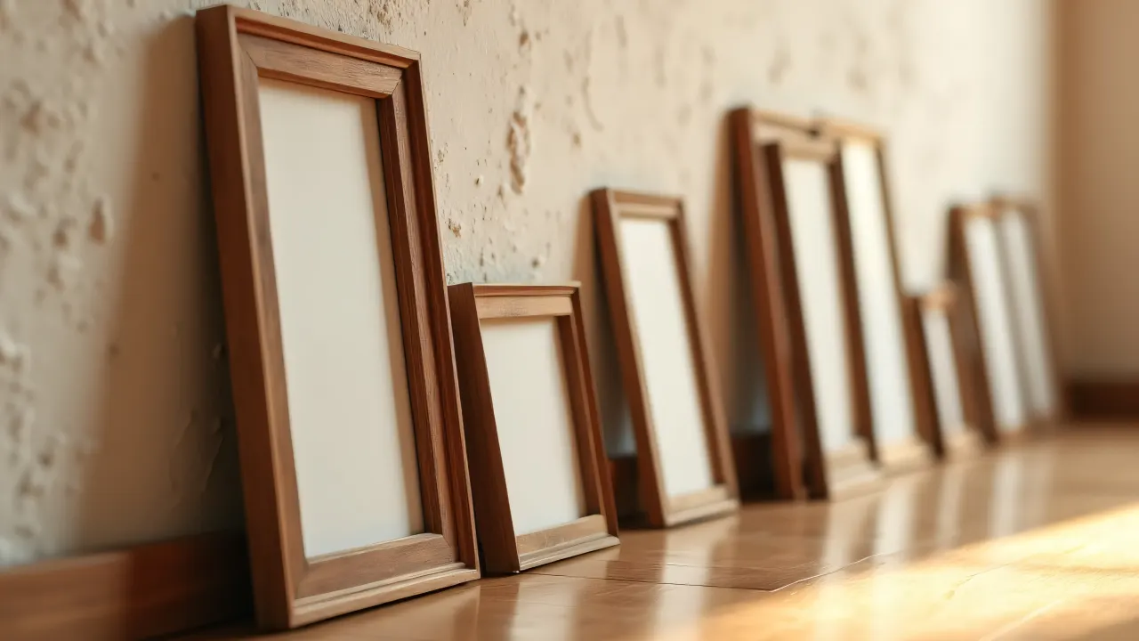 Close-up of brown wooden frames leaning on a plaster wall.
