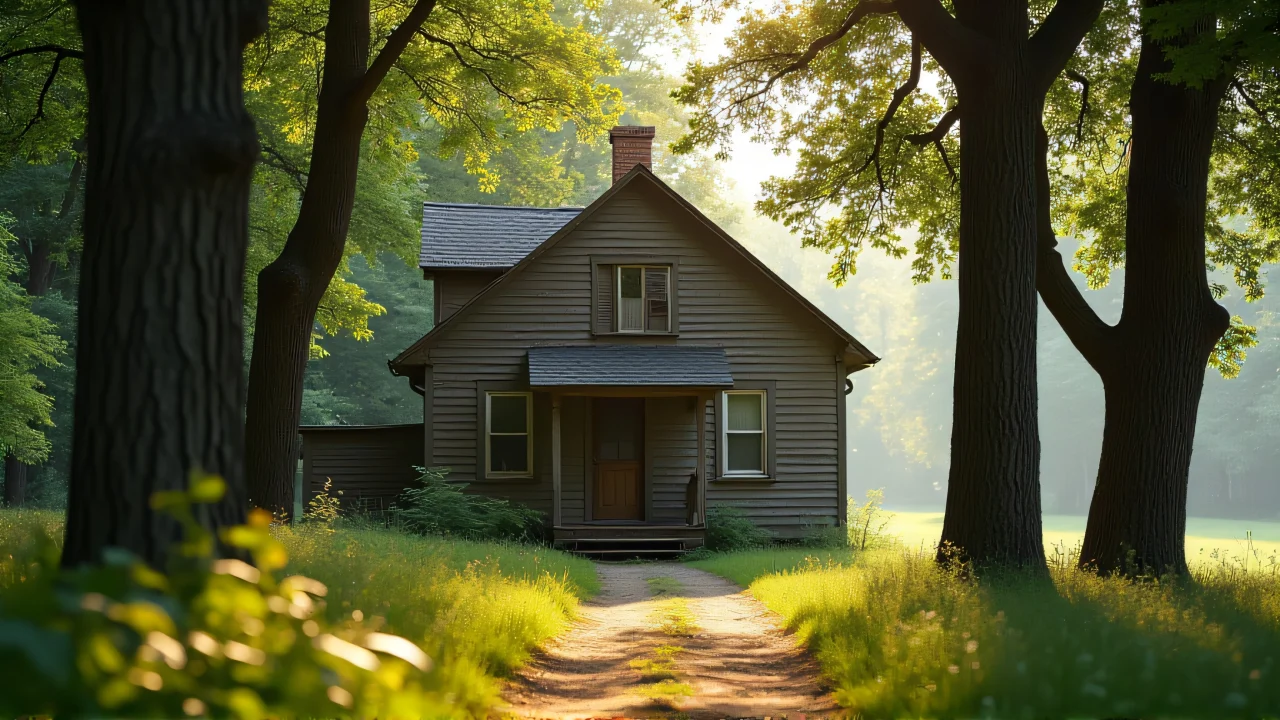 A wooden house beside tall trees with morning light filtering through.