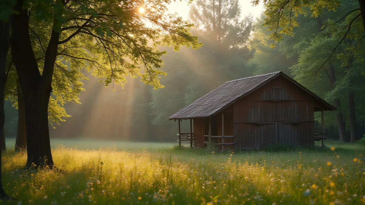 A brown wooden house beside tall trees with morning light and wildflowers.