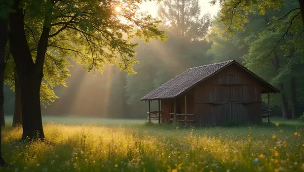 Wooden House Surrounded By Trees And Wildflowers