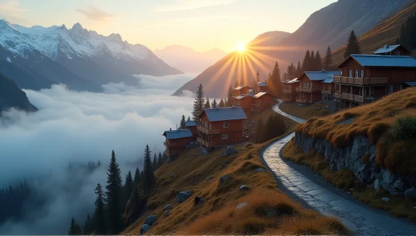Wooden Houses Sunrise Mountain Ridge Mist