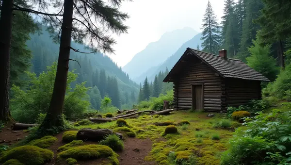 Wooden Hut In Lush Mountain Clearing With Ferns