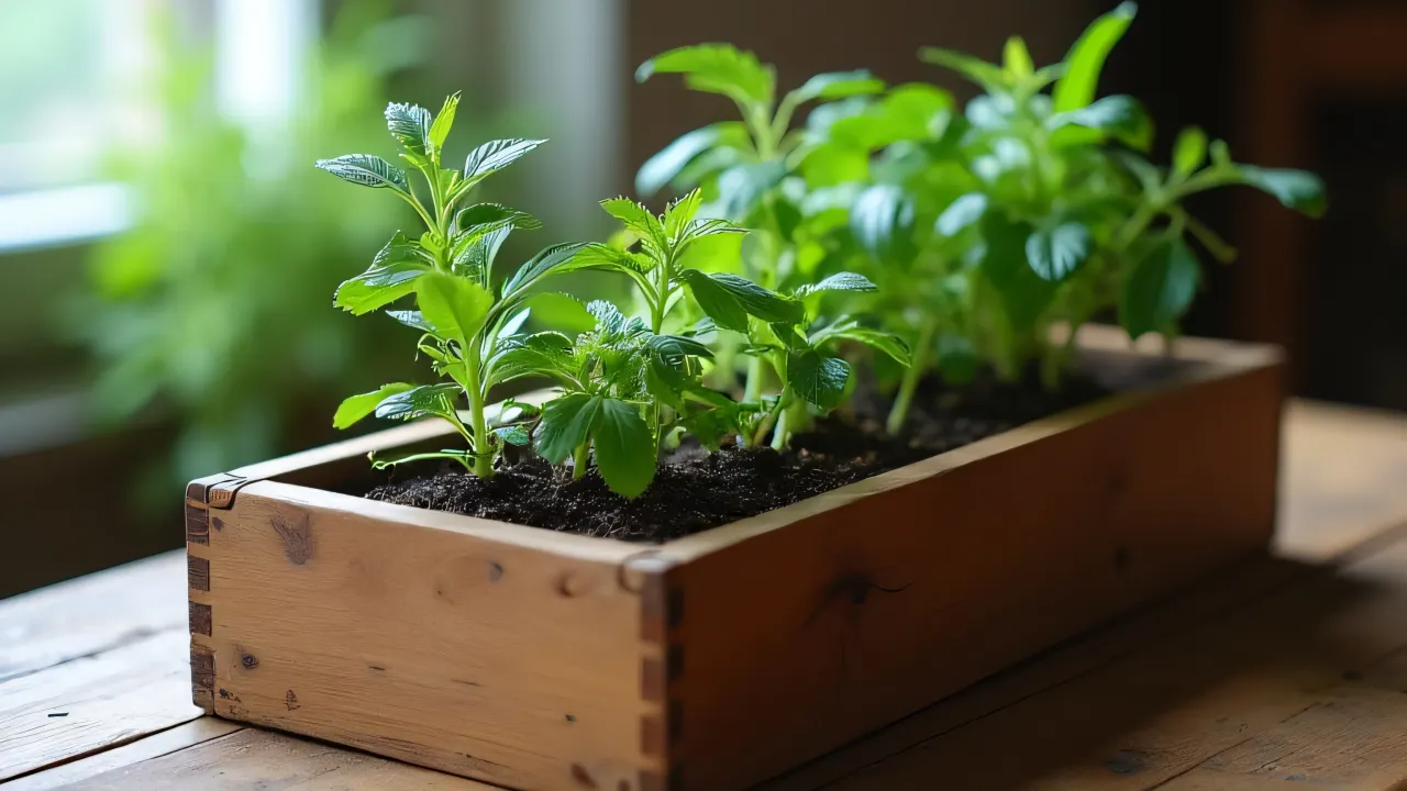Top-down view of a wooden plant box with three herbs on a rustic table.