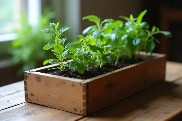 Wooden Plant Box with Herbs on Rustic Table