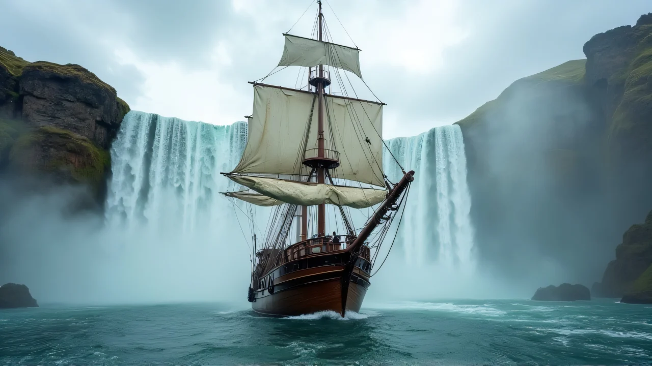A wooden sailing ship anchored near tall waterfalls with mist around it and crew on deck.
