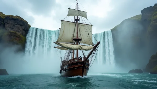 Wooden Sailing Ship Beside Cascading Waterfalls
