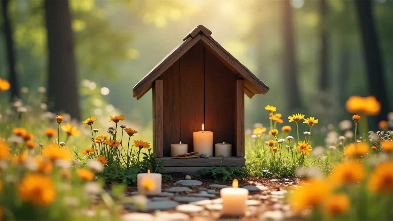 Low angle view of a wooden shrine with wildflowers and candles in morning light.