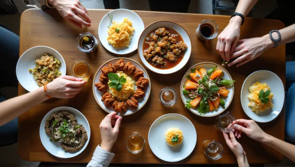 Wooden Table Full of Diverse Food Plates and Drinks