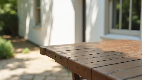 Wooden Table Outdoor Setting Near Modern House