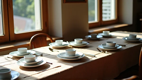 Wooden Table Set with Ceramic Dishes and Cutlery