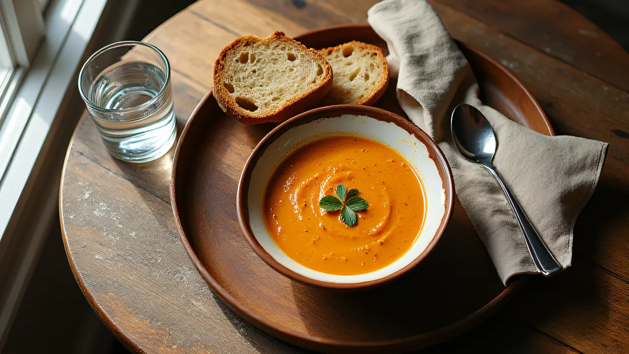 An overhead view of a wooden tray with soup, bread, and water on a rustic table.