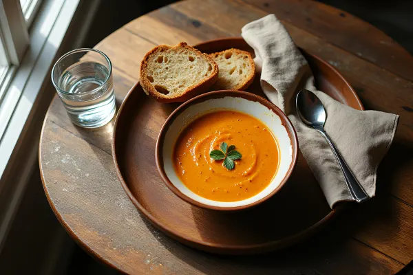 Wooden Tray With Soup And Bread On Table