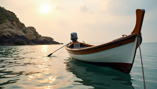 Wooden Watercraft Floating Near Rocky Shoreline