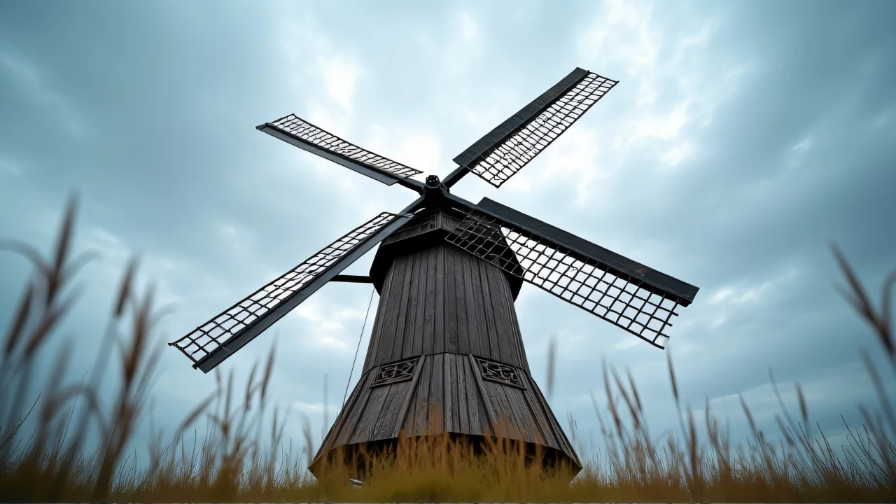 A low-angle view of a wooden windmill tower against a dramatic sky, with blades filling the upper frame.