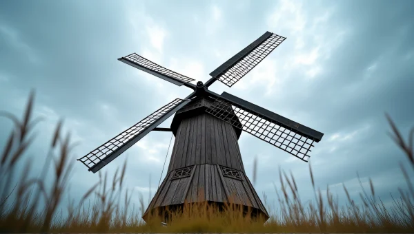 Wooden Windmill Tower Low-Angle View Sky Clouds
