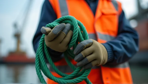 Worker With Green Rope On Industrial Dock