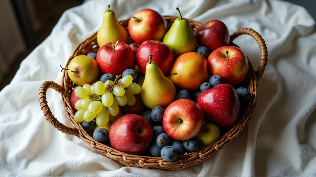 An overhead view of a woven basket filled with apples, pears, grapes, and figs on a linen cloth.