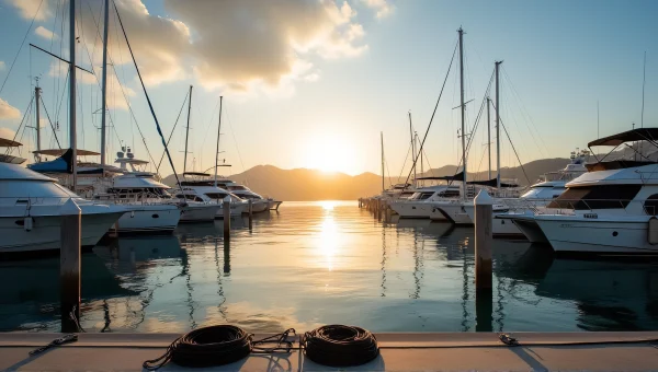 Yachts Moored at Bustling Marina During Golden Hour