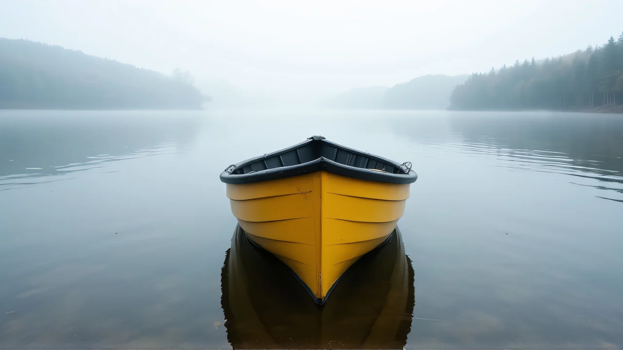 A yellow and black wooden rowboat on a calm reflective lake.