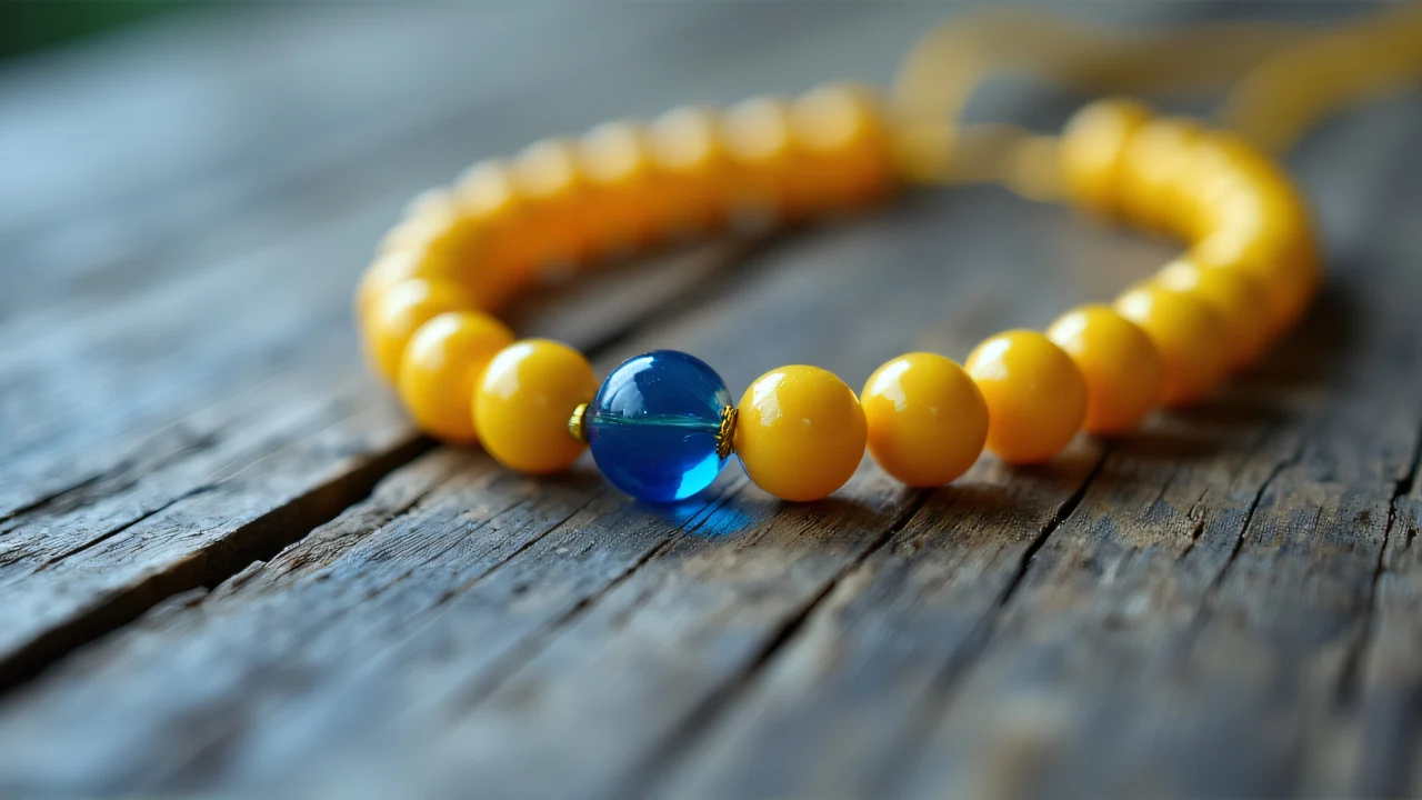 Close-up of a yellow and blue beaded necklace on rustic wood.