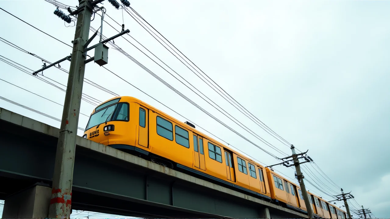 A yellow commuter train travels along elevated tracks next to a tall electricity pole under an overcast sky.