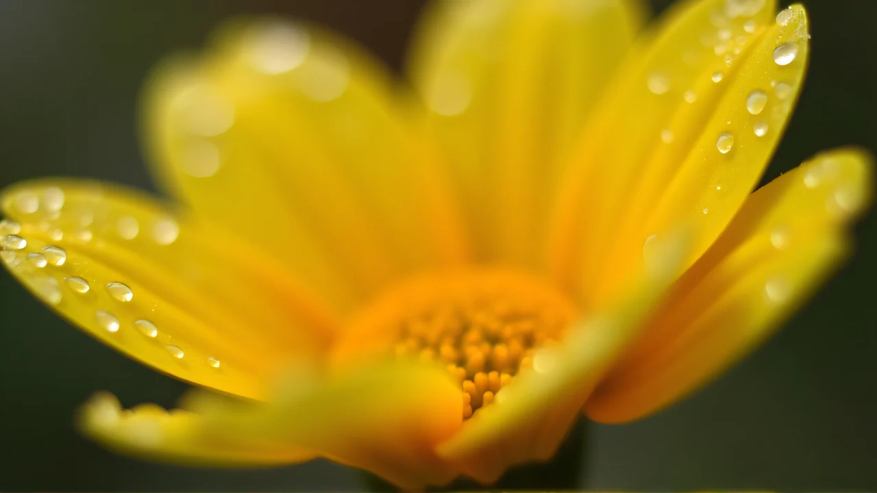 Close-up view of a yellow flower with water droplets, showcasing detail and texture.