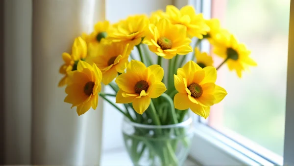 Yellow Flowers in Clear Glass Vase on Windowsill
