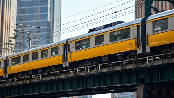 Yellow Gray Train Urban Bridge Midday Crossing