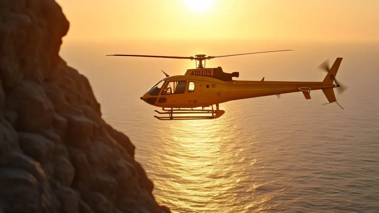 A yellow helicopter hovers above a rocky coastline during sunset, creating reflections in the water.