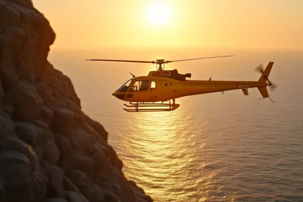 Yellow Helicopter Flying Over Rocky Coastline