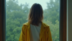 Yellow Jacket Fashion Near Rain-Dappled Window
