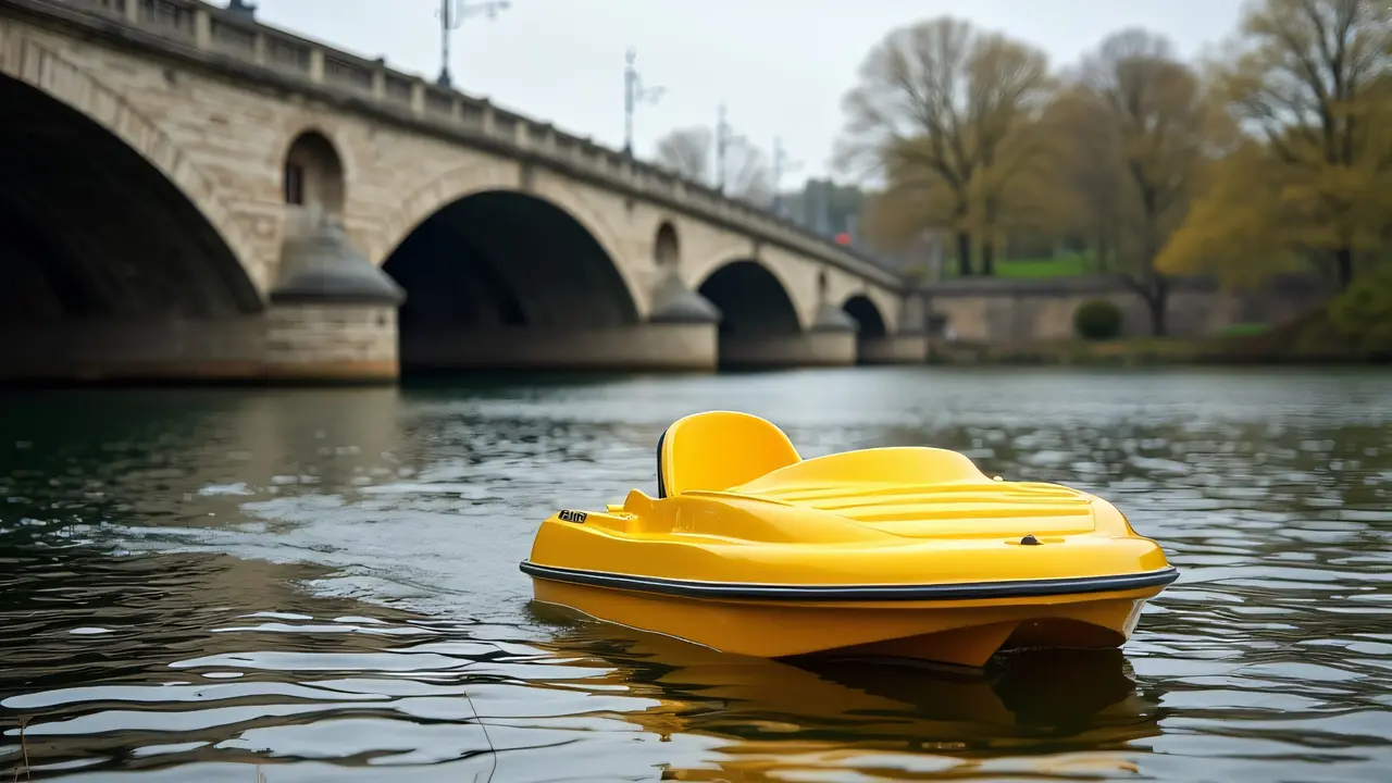 A yellow pedal boat is moored on a calm river, reflecting a stone arch bridge and distant trees.