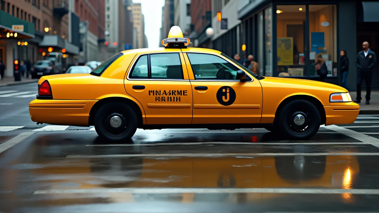 A yellow taxi cab parked at the curb with a driver visible through the window on wet pavement.