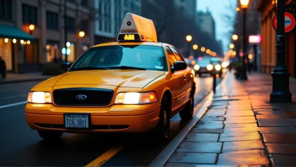 Yellow Taxi Parked On City Sidewalk At Night