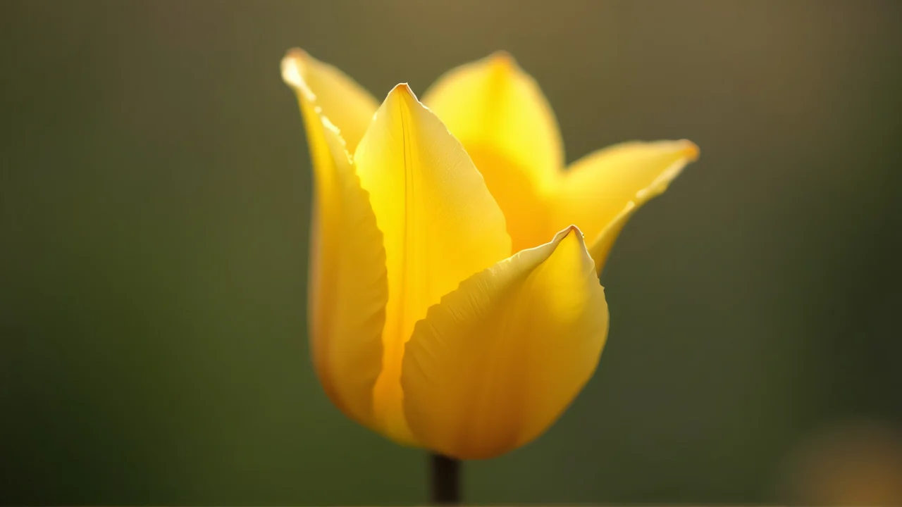 Close-up of a yellow tulip with dew drops and soft background.