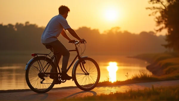 Young Adult Riding Vintage Bicycle Riverside Path