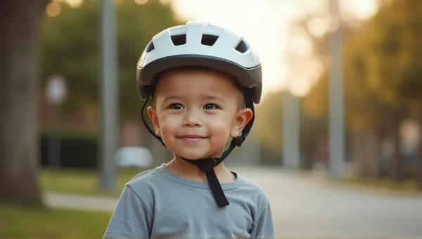 Young Boy in Bicycle Helmet on Suburban Sidewalk