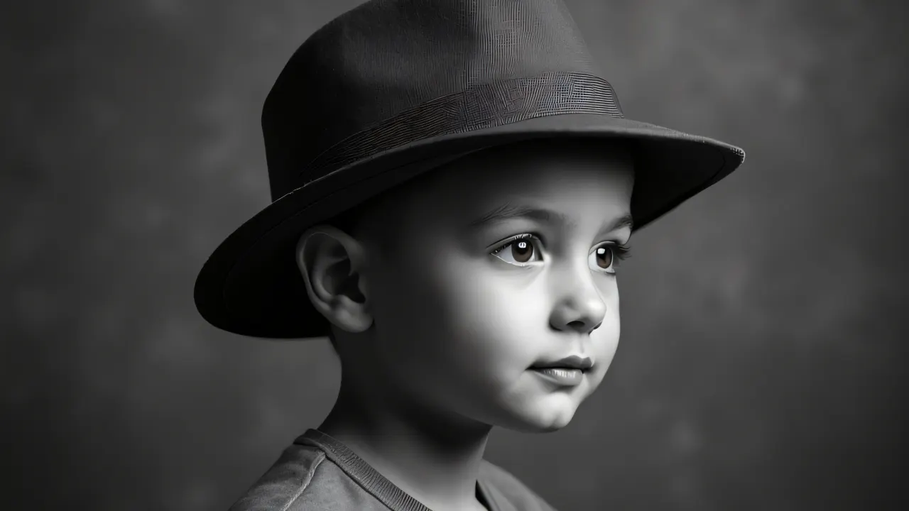 A young boy wearing a brimmed hat in greyscale portrait.