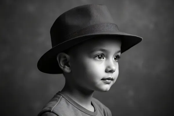 Young Boy In Brimmed Hat Portrait Greyscale